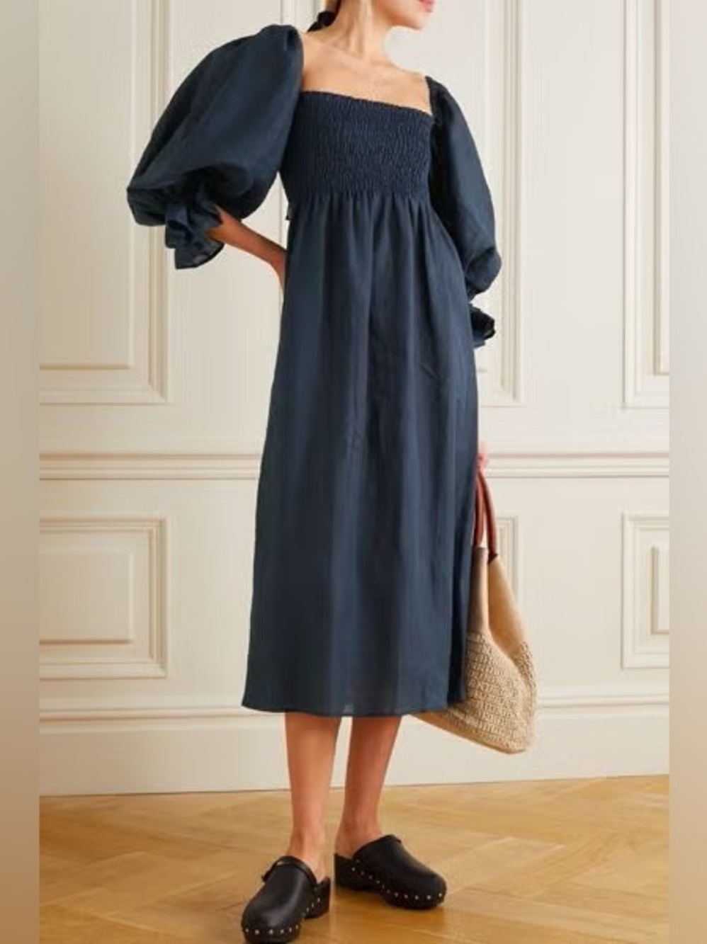 Sleeper Atlanta smocked Midi Dress in Navy